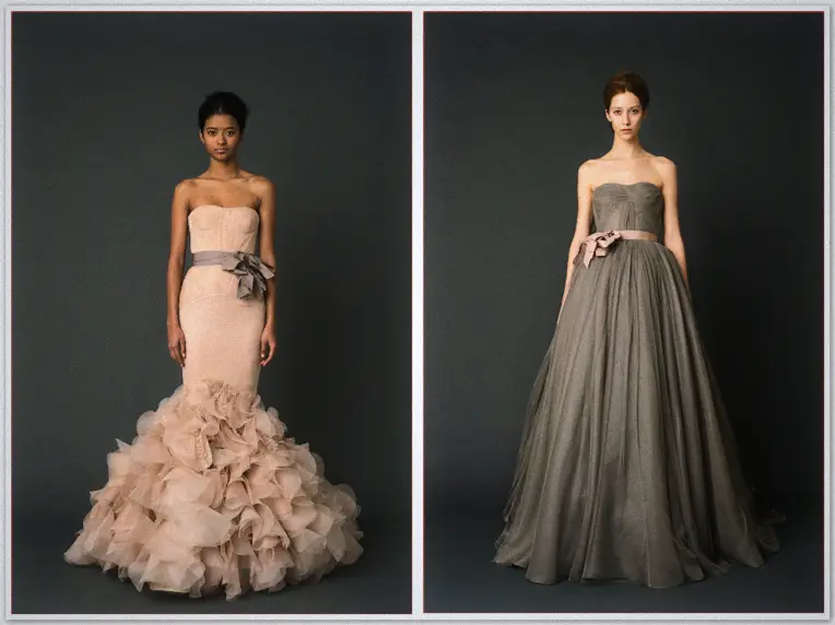 Vera Wang Spring Collection 2012 1 Two models in strapless gowns pose against charcoal grey, one blush ruffled mermaid one dove grey
