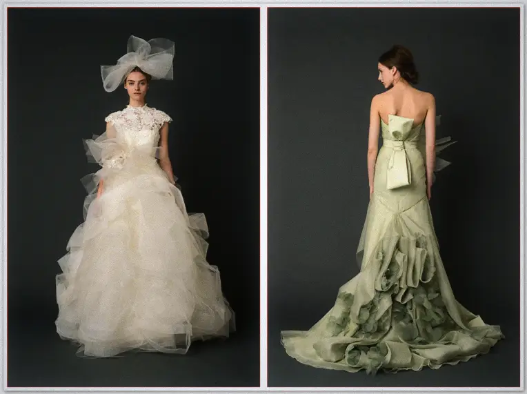 Vera Wang Spring Collection 2012 2 Models wear a white ruffled ball gown with organza headpiece and a sage green gown with a large bow