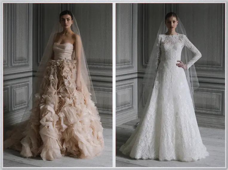 Wedding Dress - Monique Lhuillier 1 Two bridal gowns side by side in a grey panelled room, blush ruffles beside long-sleeved lace