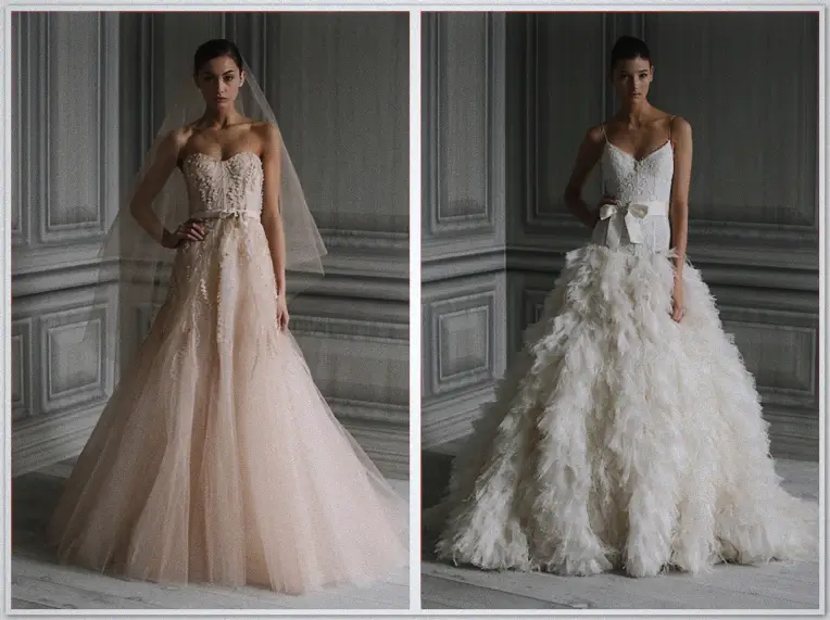 Appliqued sweetheart bodice beside a spaghetti-strap gown with a full feathered skirt and bow