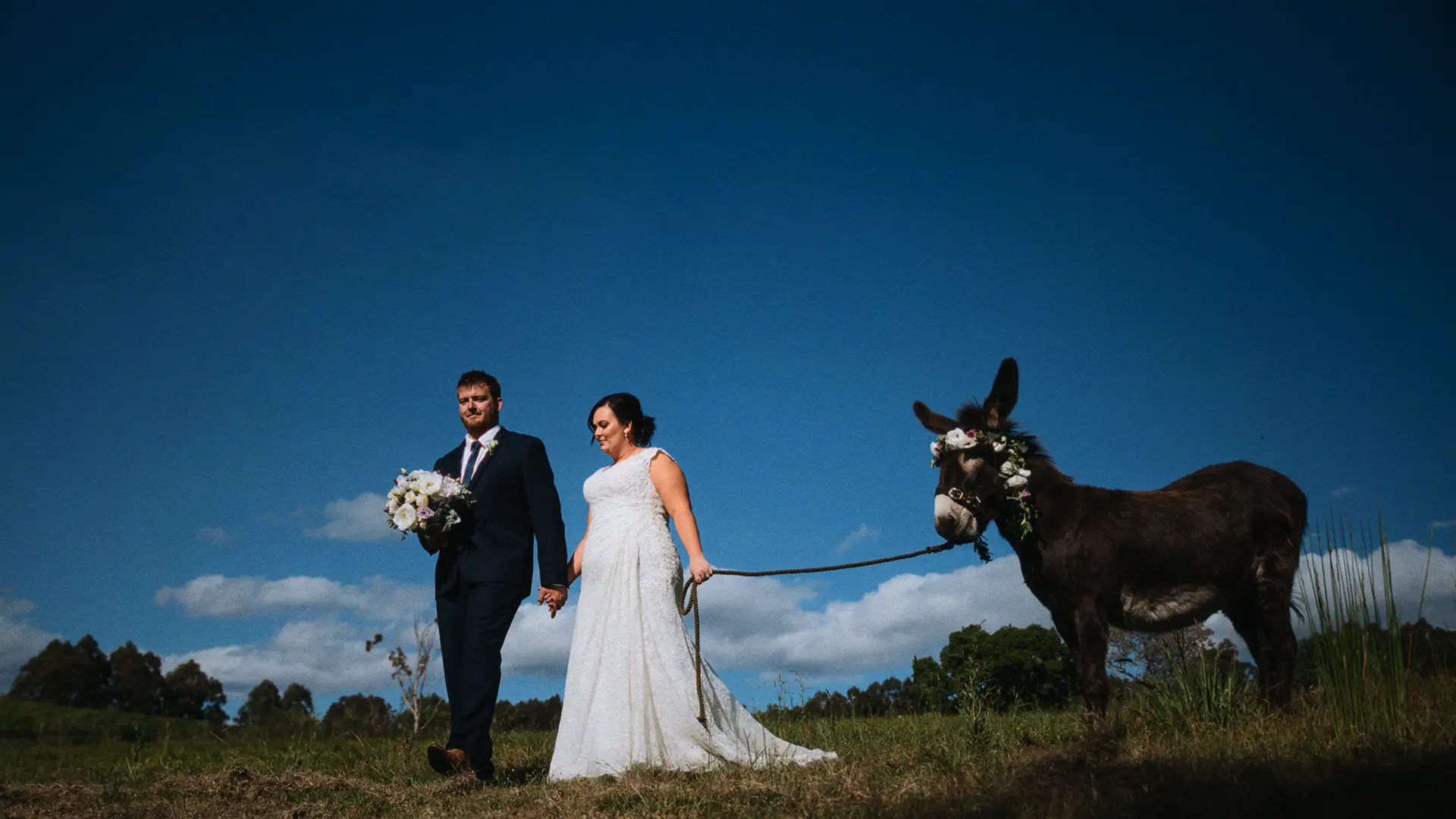 Monique and Lee lead a flower-wreathed donkey across a Manjimup paddock under deep blue skies