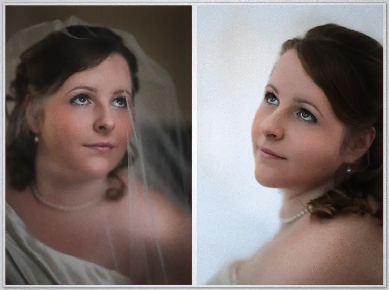 Wedding Photographer - Jaimi and Kevin Mullins-Nutley Veiled bride with a pearl necklace gazes thoughtfully past the camera in two softly lit close-up portraits