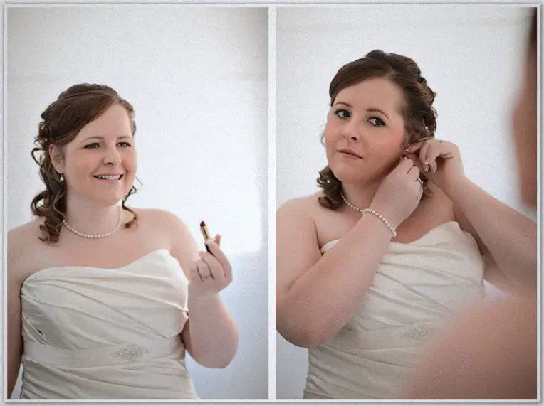 Perth Wedding Photographer - Jaimi and Kevin's wedding Bride in a strapless gown laughs holding lipstick and fastening a pearl earring in soft window light
