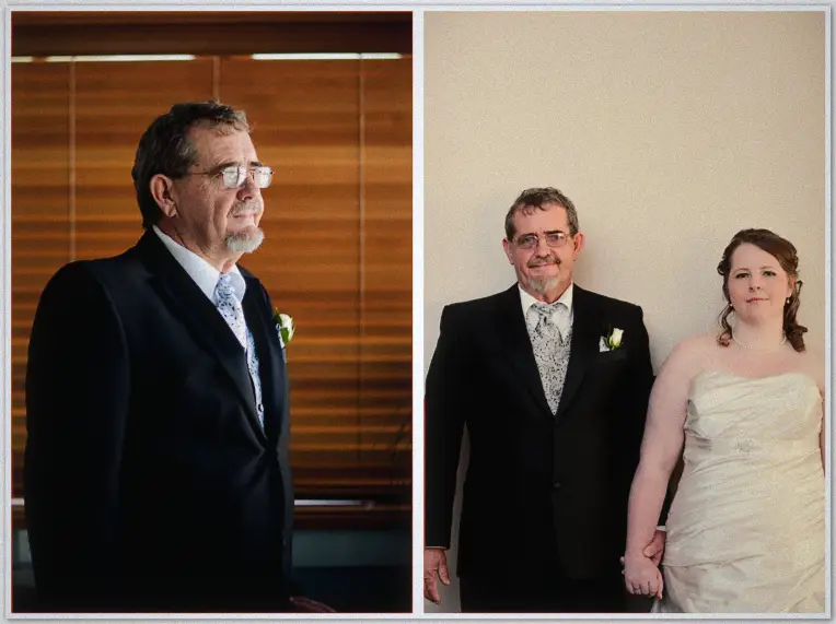 Perth Wedding Photographer - Jaimi and Kevin's wedding Father in a dark suit with a white rose boutonniere stands alone and then hand in hand with his bride