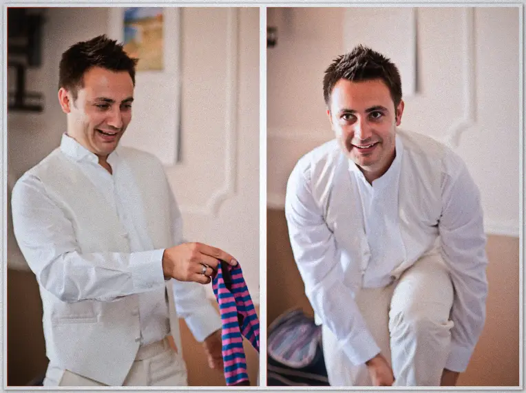 Perth Wedding Photographer Simon laughs with his striped tie and bends to fix a shoe in a candid two-frame wedding-morning pair