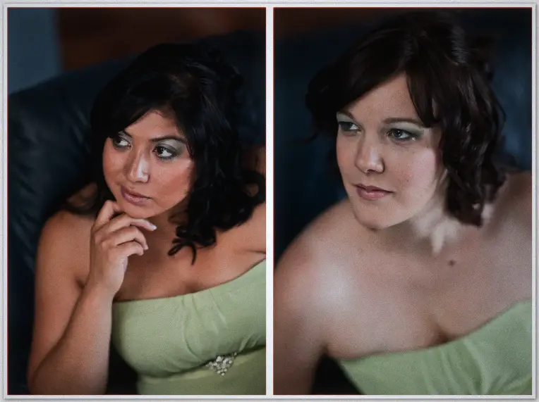 Perth Wedding Photographer Two bridesmaids in sage green dresses sit close on a dark leather couch, quiet in soft low light