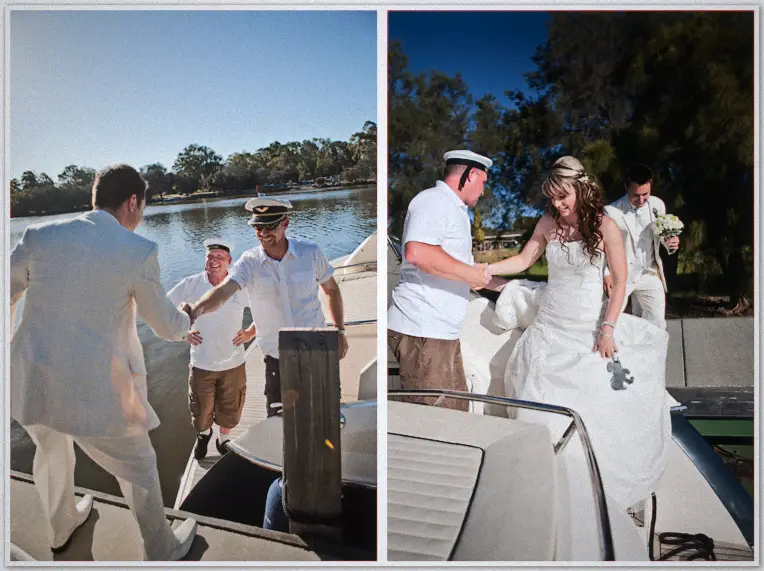 Simon greets the crew on a boat's bow while Lauren steps ashore in her gown beside the river