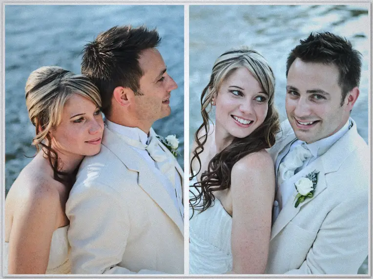 Newlyweds pose against sunlit rippling water, her cheek on his shoulder, then both smile to camera
