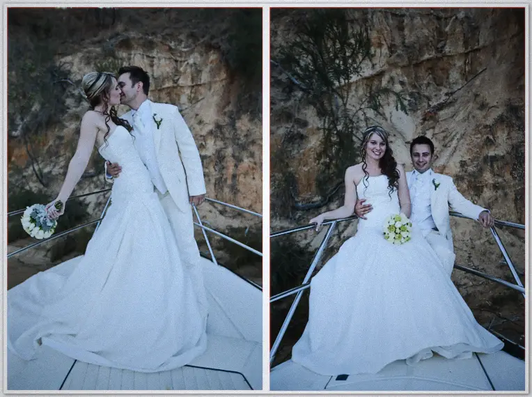 On a white boat deck before golden cliffs, the couple kiss and then sit close in the late light