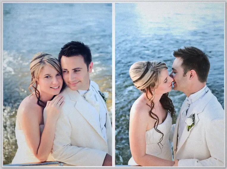 Lauren beams with a hand on Simon's chest, then the newlyweds kiss against sparkling blue water
