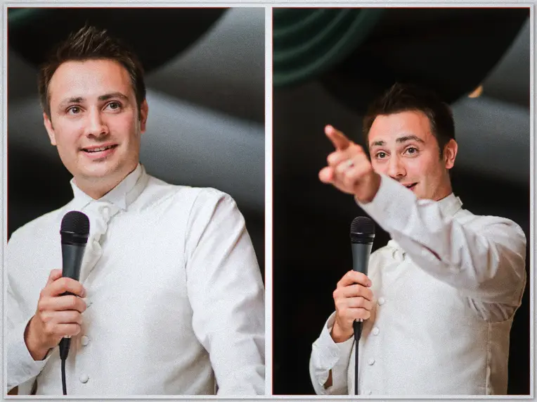 Simon delivers his speech in a white vest, smiling softly in one frame and pointing playfully in the other
