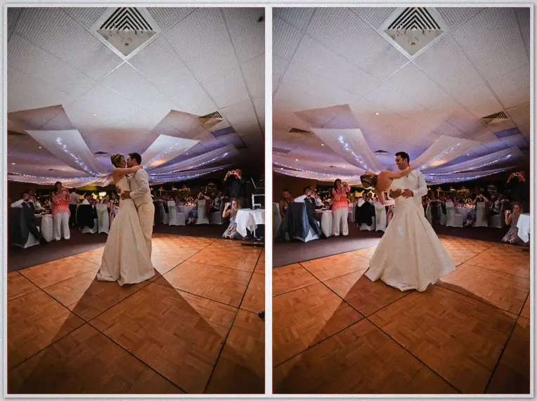 Two frames of the first dance, the groom dipping his bride on the parquetry floor as guests film