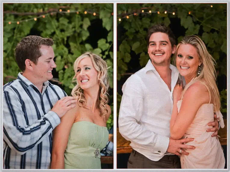 Guest couples pose close beneath vine leaves and fairy lights at night in two candid frames
