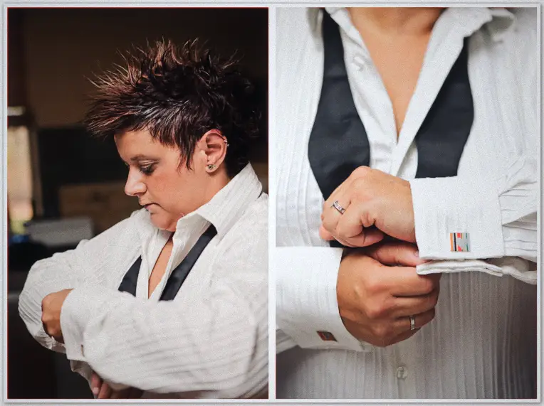 Spiky-haired bride in white shirt fastens cufflinks, diptych with close-up of ringed hands