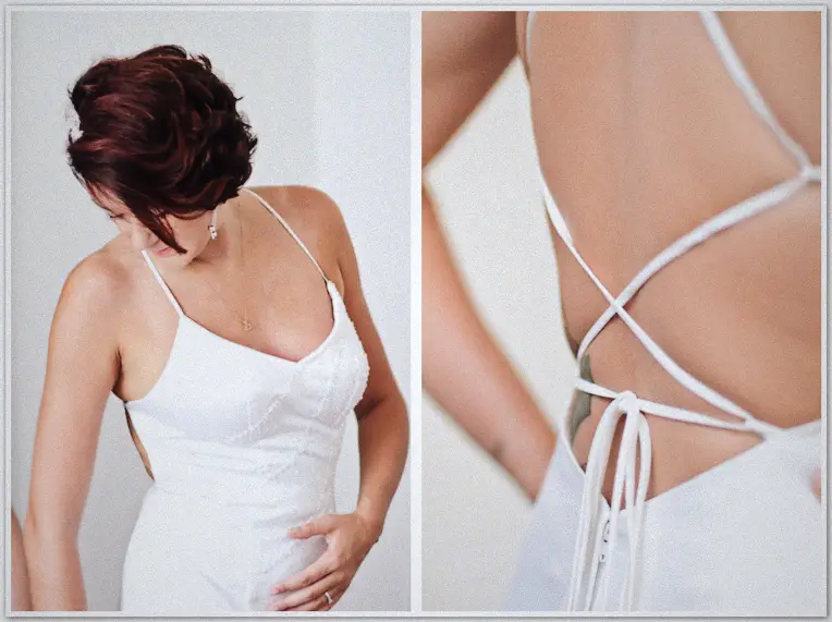 Red-haired bride in white slip gown gazes down, diptych with criss-cross lace-up back detail