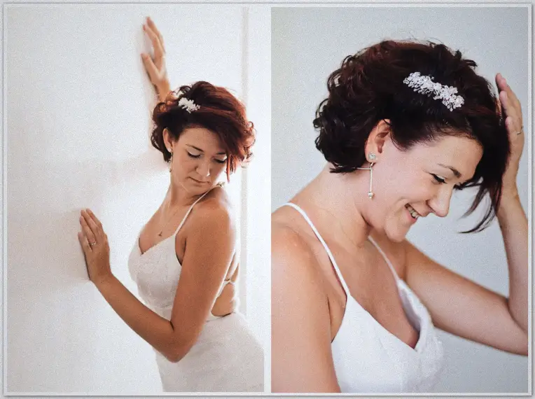 Bride leans against white wall smiling, diptych showing lace-trimmed straps and pearl earrings
