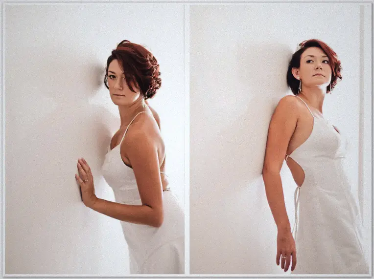 Two frames of the bride posing against a white wall in backless gown, hair swept up
