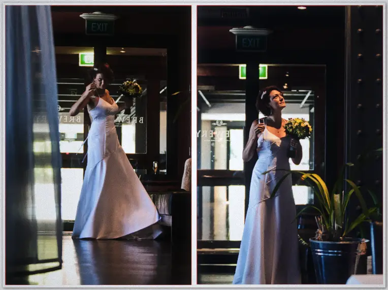 Bride holds bouquet and phone by brewery entrance doors, two frames in low moody light