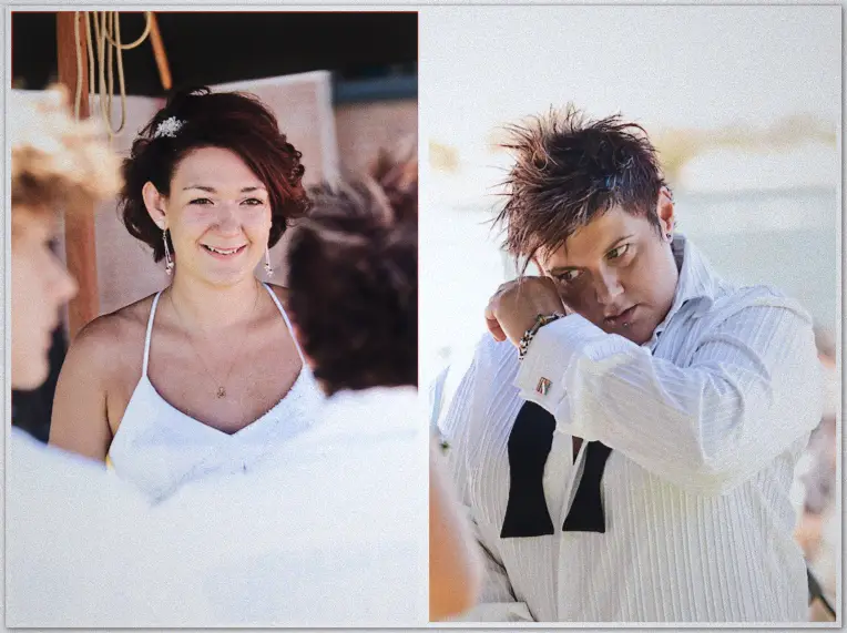Bride smiles at guests while partner wipes her eye mid-vows, two-frame waterfront moment