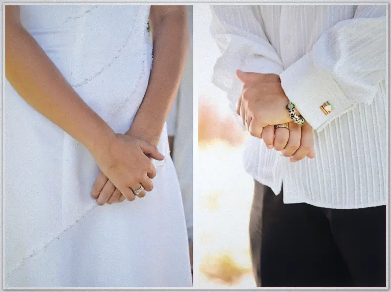 Diptych of clasped hands: bride's ringed hands in white gown, partner's hands with cufflinks