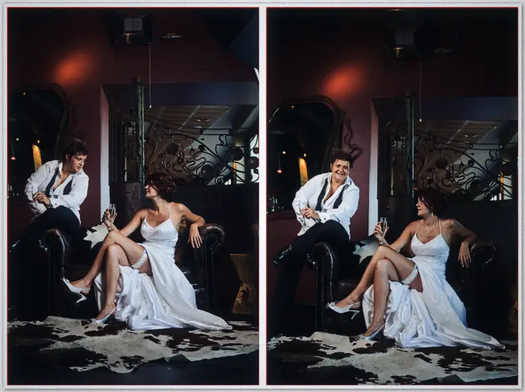Both brides toast with champagne on leather chairs in moody two-frame lounge portraits