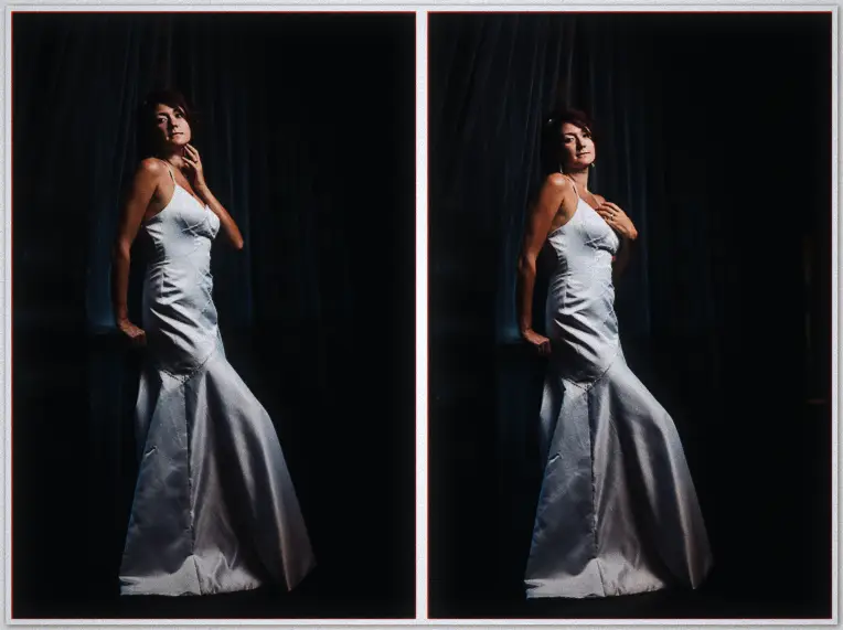 Bride poses against black curtain in fitted white gown, dramatic two-frame studio portraits