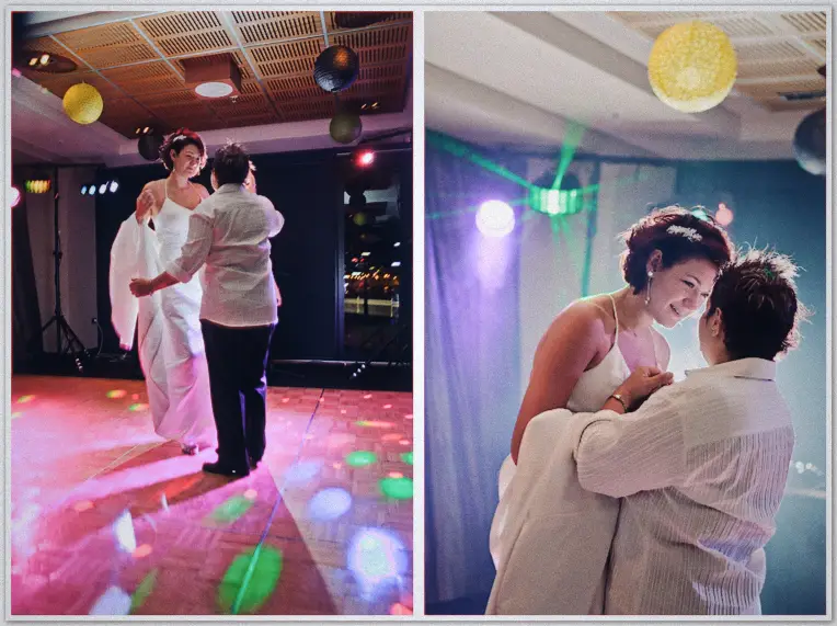 Brides share their first dance under lanterns, disco lights sweeping the floor at night