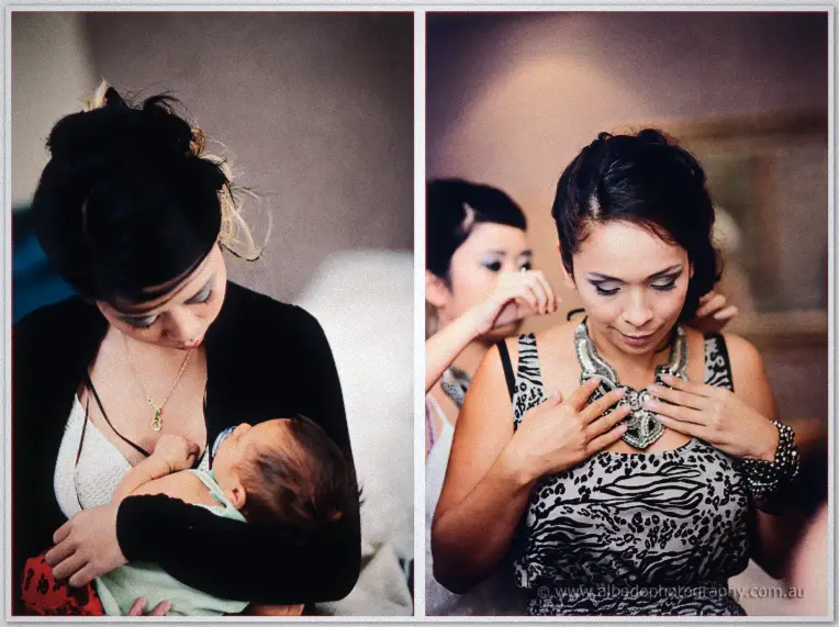 Fremantle Wedding | Charlene and Phil A bridesmaid cradles her baby before Charlene fastens a bold silver necklace amid morning preparations