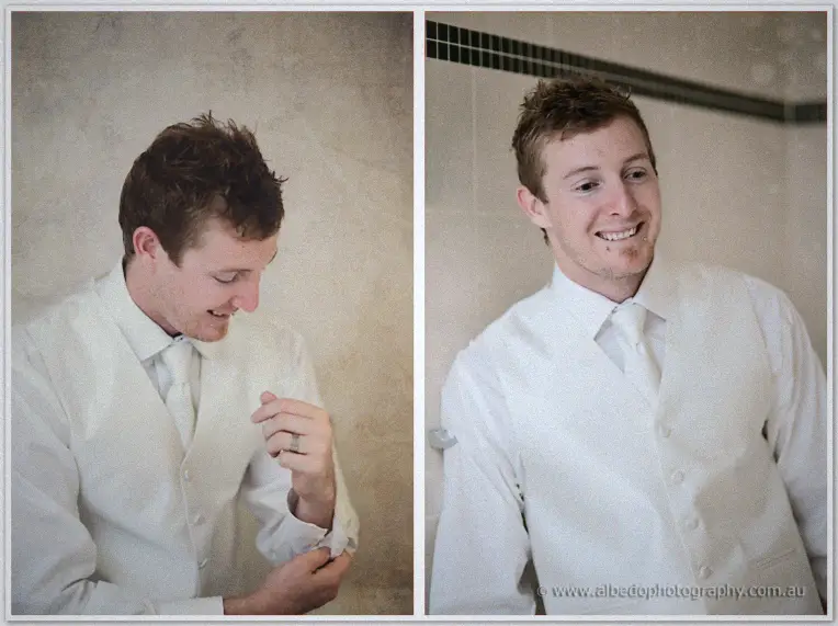 Fremantle Wedding | Charlene and Phil Phil fastens his cufflink and grins in a crisp white vest ahead of the Fremantle ceremony