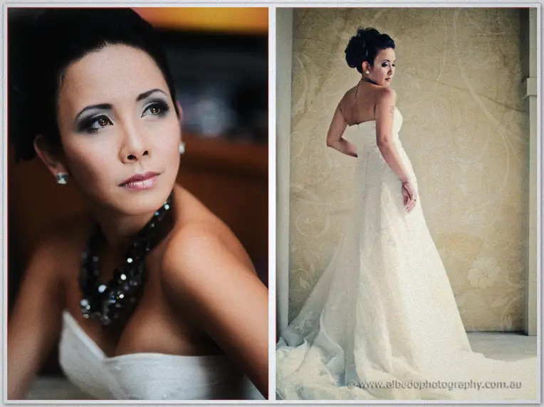 Fremantle Wedding | Charlene and Phil Charlene wears a dark statement necklace beside a back-lit view of her lace-trimmed gown