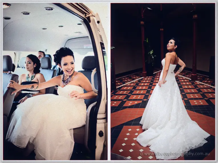 Fremantle Wedding | Charlene and Phil Charlene laughs riding in the bridal van before posing on a red and black tiled verandah