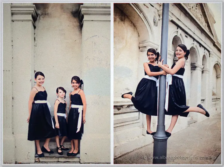 Fremantle Wedding | Charlene and Phil Flower girls in black and white line a weathered alcove then kick up their heels around a street lamp