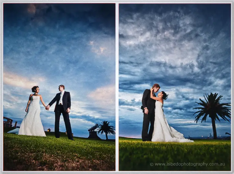 Fremantle Wedding | Charlene and Phil Charlene and Phil hold hands beneath a moody sunset sky then embrace on the headland grass