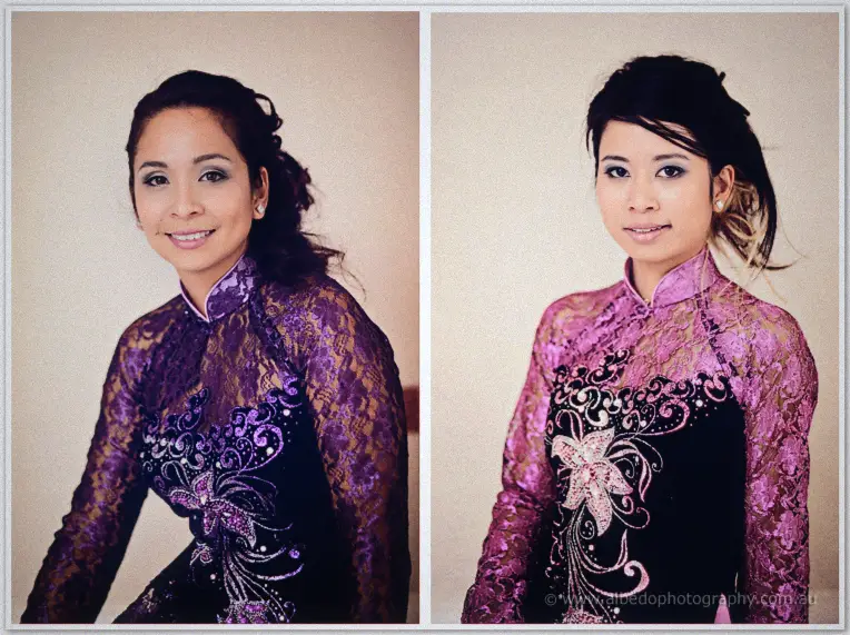 Fremantle Wedding | Charlene and Phil Two bridesmaids in purple and magenta lace ao dai smile in softly lit companion portraits