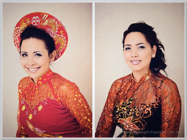 Fremantle Wedding | Charlene and Phil Twin portraits of bride Charlene in a red embroidered ao dai and matching hat, and in an orange lace gown