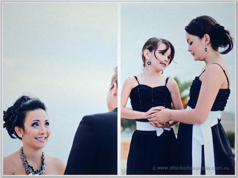 Fremantle Wedding | Charlene and Phil Charlene gazes up at Phil before her bridesmaid and flower girl clasp hands during the ceremony
