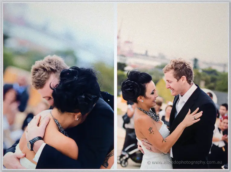 Fremantle Wedding | Charlene and Phil Phil hugs Charlene then trades laughs with her as harbour-side guests look on after the vows