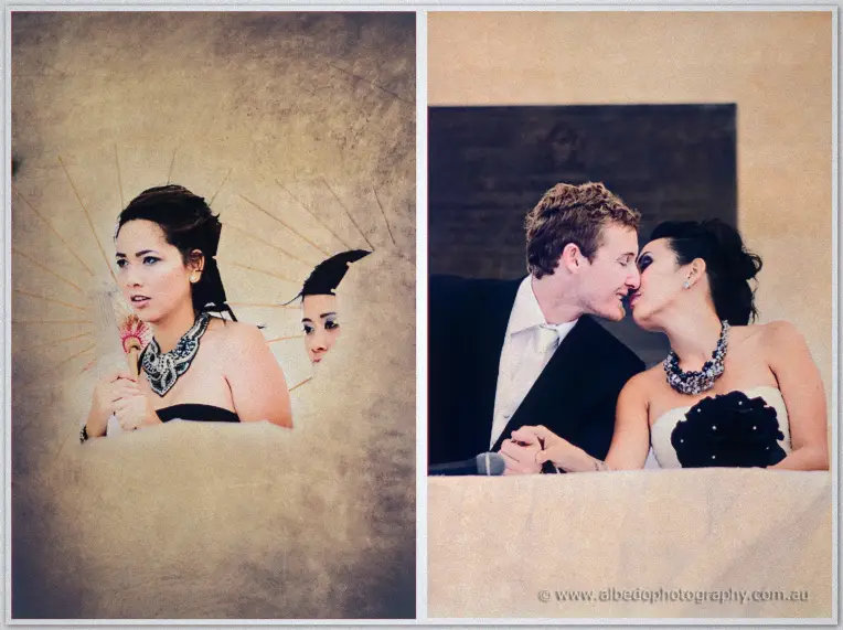 Fremantle Wedding | Charlene and Phil A parasol-shaded bridesmaid gazes aside before Charlene and Phil share a kiss at the signing table