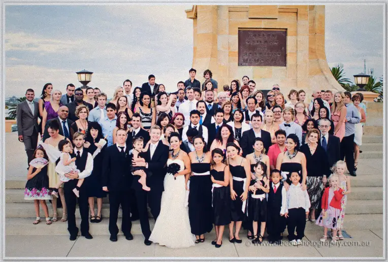 Fremantle Wedding | Charlene and Phil Every guest crowds the memorial steps as Charlene and Phil pose at the heart of the crowd