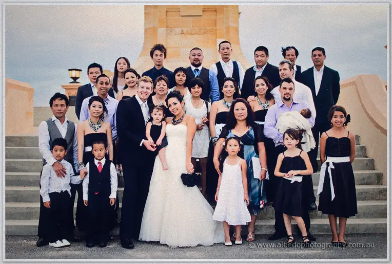 Fremantle Wedding | Charlene and Phil Charlene and Phil gather both families on the memorial steps for a sprawling group portrait