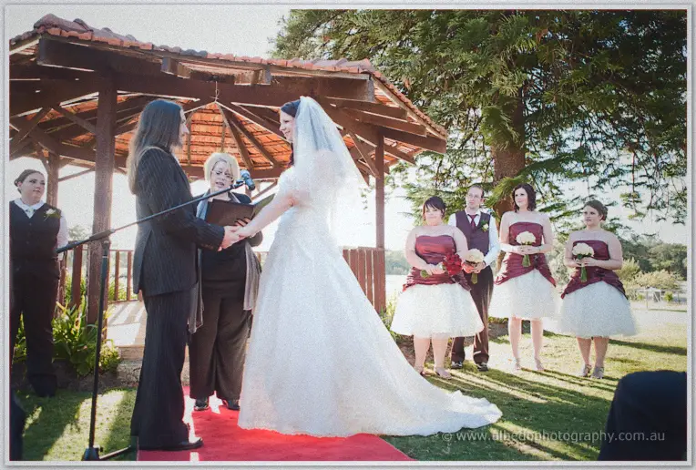 Jenn and Lance hold hands on the red carpet under the gazebo while their bridal party watches from the lawn