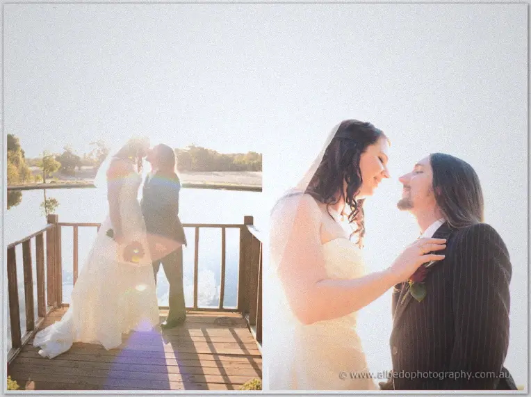 Two lakeside frames catch Jenn and Lance kissing on the jetty, then close together in hazy sun