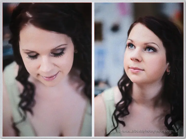 Twin beauty portraits catch Jenn glancing down shyly, then gazing up with curled lashes and soft makeup