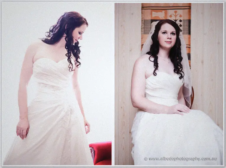 Side by side portraits show Jenn standing in her ruched gown, then seated beneath her veil indoors