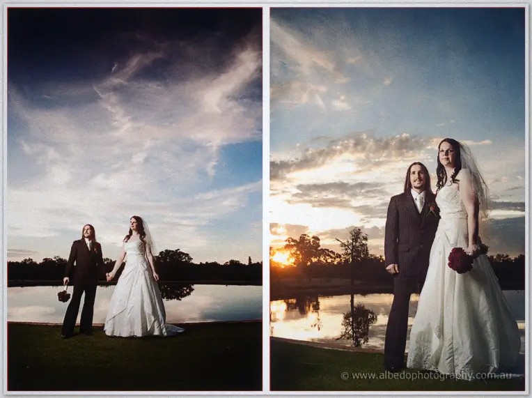Jenn and Lance pose beneath a streaked dusk sky in twin frames, the pond mirroring the clouds