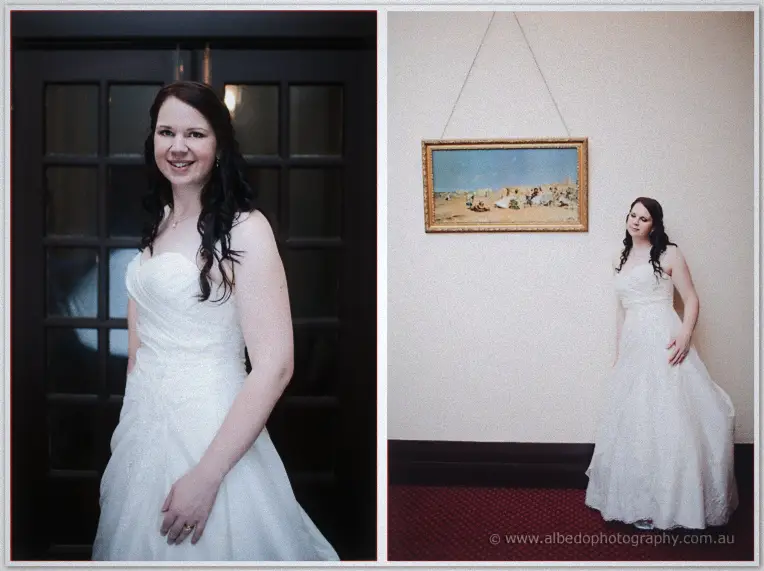 Jenn smiles in her strapless gown beside dark doors and again beneath a gilded painting at Rosehill