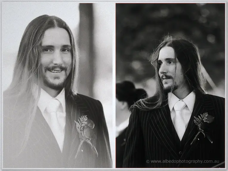 Two black and white portraits catch Lance smiling and glancing aside in his pinstripe suit and boutonniere