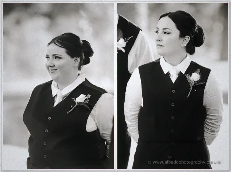 Two monochrome portraits show bridesmaids in white shirts and dark vests, each wearing a rose boutonniere