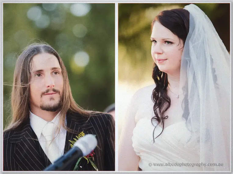 Side by side ceremony portraits show Lance at the microphone and Jenn listening in her veil