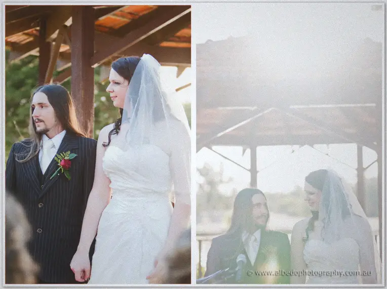 Twin frames show Jenn and Lance hand in hand at the altar, then smiling at each other through the glare